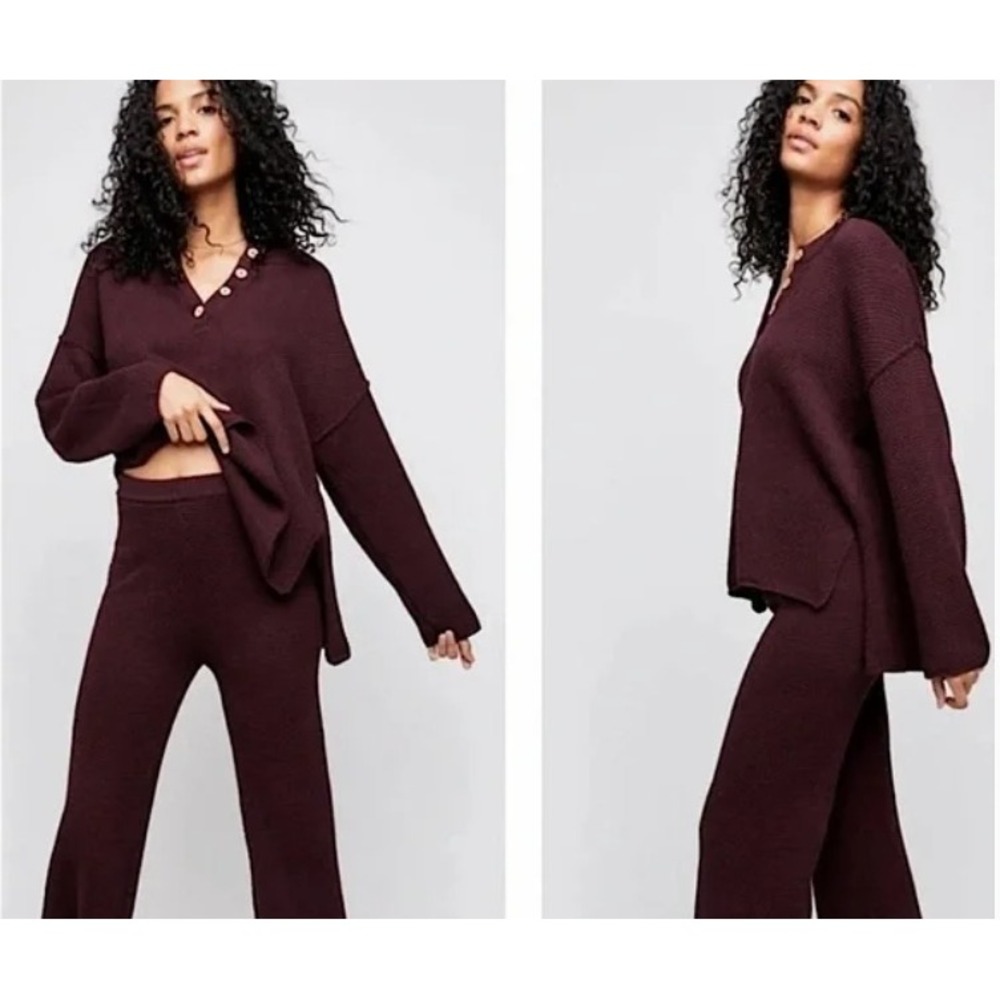 Free People FP Beach Hailee Sweater Size XS Burgundy Waffle‎ Knit Henley Cotton